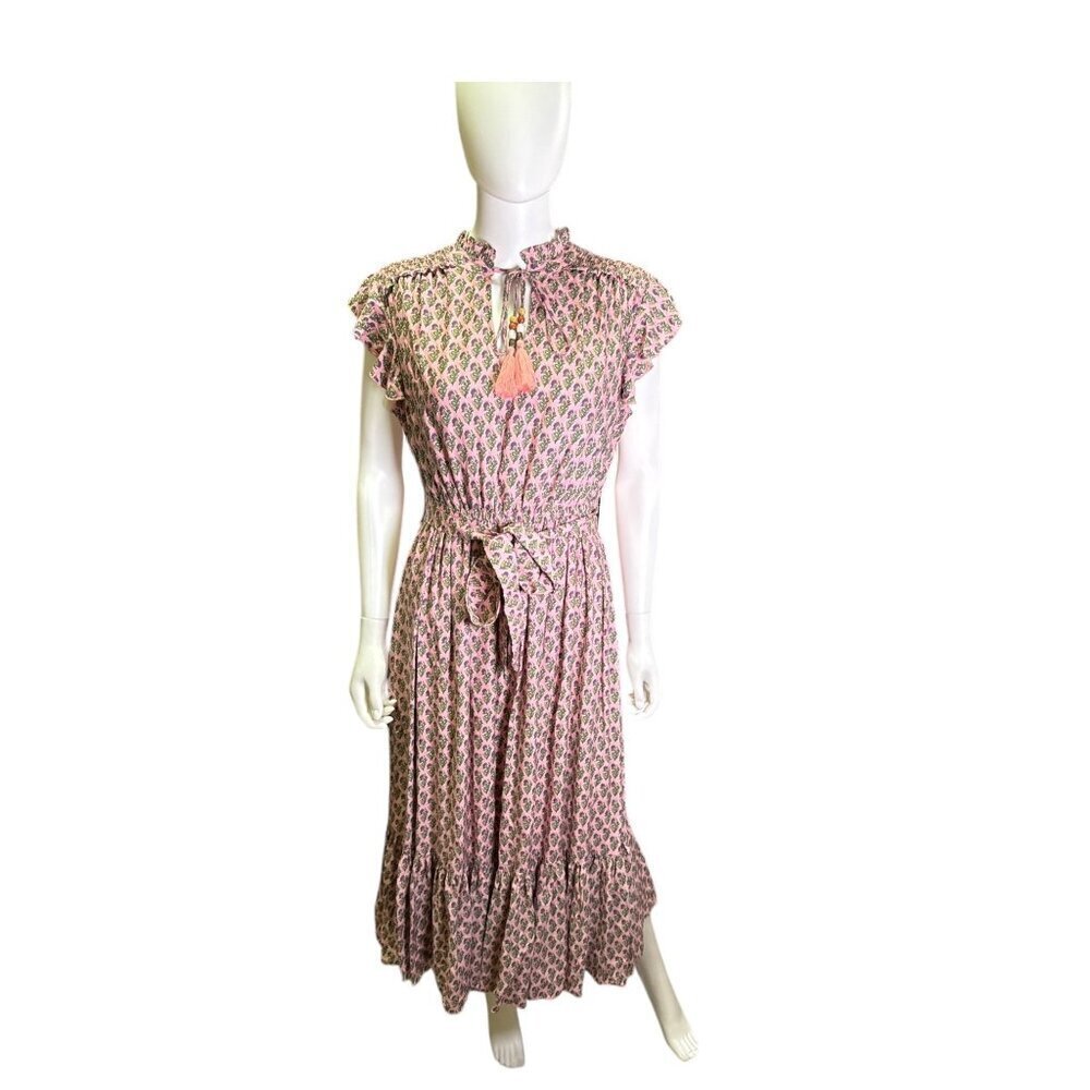 Farmers Market Ruffle Details & Waist Tie Closure Pink Floral Boho Size  S EUC